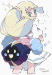  1girl bag blonde_hair cosmog green_eyes hair_over_mouth highres holding holding_bag lillie_(pokemon) long_hair looking_back pokemon pokemon_(game) ponytail skirt sparkle white_skirt yuki_ringo339 