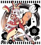  1girl animal_ears apple_rabbit elina_(e2n04n) flower_ornament food food_art frills gloves japanese_clothes open_mouth original rabbit_ears red_eyes solo white_hair 