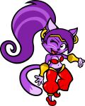  2023 alternate_species anthro breasts captainquack64 cleavage clothed clothing dipstick_tail ear_piercing ear_ring felid feline female footwear fur furrification hair hi_res long_hair mammal markings one_eye_closed open_mouth open_smile piercing ponytail purple_body purple_fur purple_hair ring_piercing shantae shantae_(series) smile solo tail tail_markings toony wayforward whiskers wink 