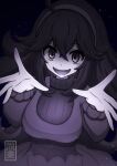  1girl ahoge artist_logo breasts commentary_request dress hairband hakusai_(user_nkkd7242) hex_maniac_(pokemon) highres looking_at_viewer open_mouth pokemon pokemon_(game) pokemon_xy purple_dress purple_theme smile solo turtleneck upper_body 