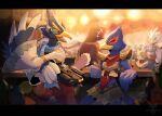 anthro avian beverage biped blue_body breath_of_the_wild canid canine clothed clothing detailed_background eyes_closed falco_lombardi fox fox_mccloud group hi_res holding_beverage holding_object holding_weapon male mammal nintendo open_mouth revali smile star_fox teba_(tloz) tenebscuro the_legend_of_zelda weapon 