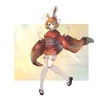  1girl absurdres arms_up blonde_hair brown_eyes bunny_day carrot_(one_piece) chagallkun flower full_body furry furry_female hair_flower hair_ornament highres japanese_clothes kimono long_sleeves looking_at_viewer medium_hair one_piece print_kimono rabbit_girl red_kimono sandals short_kimono smile thighhighs white_thighhighs wide_sleeves 