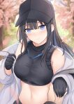  1girl 1other bare_shoulders baseball_cap black_gloves black_hair black_headwear black_shirt blue_archive blue_eyes blurry breasts cleavage closed_mouth colored_inner_hair crop_top depth_of_field gloves halo hat highres holding_hands jacket large_breasts long_hair long_sleeves looking_at_viewer midriff multicolored_hair navel off_shoulder open_clothes open_jacket pov pov_hands saori_(blue_archive) see-through see-through_cleavage shirt sleeveless sleeveless_shirt smile solo_focus stomach upper_body white_jacket yougen_kitsune 