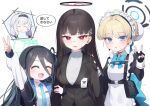  4girls apron aris_(blue_archive) arm_up artist_name black_gloves black_hair black_hairband black_jacket blonde_hair blue_archive blue_bow blue_eyes blue_necktie blunt_bangs bow breasts closed_eyes collared_shirt commentary_request fingerless_gloves gloves hair_between_eyes hairband halo hand_up himari_(blue_archive) jacket kokone_(coconeeeco) long_hair long_sleeves low_twintails maid maid_apron maid_headdress medium_breasts multiple_girls necktie open_clothes open_jacket open_mouth parted_lips pointy_ears puffy_long_sleeves puffy_sleeves red_eyes rio_(blue_archive) shirt short_hair simple_background sleeve_cuffs small_breasts suit_jacket sweater toki_(blue_archive) translation_request twintails v white_background white_hair white_shirt white_sweater 