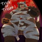  2023 anthro balls belly big_belly blood_moon bodily_fluids brown_body canid canine cum erection genital_fluids genitals halloween halloween_costume hi_res holidays humanoid_hands k_gutless kemono male mammal moobs moon mummy_costume nipples outside overweight overweight_male penis raccoon_dog solo tanuki tongue tongue_out 