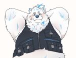  anthro bandage_on_face belly blush bottomless canid canine canis chubby_cheeks clothed clothing domestic_dog fur lifewonders live_a_hero male mammal nordic_sled_dog overweight pouch_(clothing) qqmelon888 raised_arms samoyed shirtless solo spitz topwear topwear_only vest vest_only white_body white_fur yohack zipper 