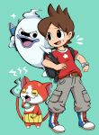  1boy amano_keita backpack bag belt black_bag black_eyes brown_belt brown_hair fangs full_body ghost green_background grey_pants hand_on_another&#039;s_shoulder jibanyan male_focus nonana_(mikudrop) open_mouth pants red_shirt shirt star_(symbol) star_print sweatdrop tears watch whisper_(youkai_watch) yawning youkai_watch youkai_watch_(object) 