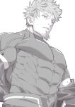  1boy aged_up bara covered_abs covered_navel facial_hair from_below from_side goatee greyscale highres impossible_clothes large_pectorals long_sideburns looking_away male_focus mature_male monochrome muscular muscular_male official_alternate_costume open_mouth pectorals rex_(xenoblade) scar scar_across_eye shirt short_hair sideburns solo stubble sweat sweatdrop taut_clothes taut_shirt thick_eyebrows undressing upper_body xenoblade_chronicles_(series) xenoblade_chronicles_3 xenoblade_chronicles_3:_future_redeemed zakuro_(za96o) 