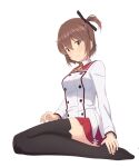  1girl black_thighhighs breasts brown_hair buttons commentary_request double-breasted etou_kanami full_body highres long_sleeves looking_at_viewer medium_breasts minoseki_gakuin_uniform motsutoko one_side_up red_skirt seiza short_hair simple_background sitting skirt solo thighhighs toji_no_miko white_background yellow_eyes zettai_ryouiki 