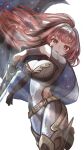  1girl absurdres belt bodysuit breasts cape cleavage cleavage_cutout clothing_cutout facial_mark fire_emblem fire_emblem_engage highres large_breasts long_hair looking_at_viewer netugen33 red_eyes red_hair solo star_(symbol) white_background yunaka_(fire_emblem) 