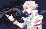  1boy artist_name ascot blonde_hair closed_mouth collared_jacket criaturamonocromatica cupping_hand defrott_(mars_red) formal frilled_sleeves frills from_side hemokinesis jacket long_sleeves looking_to_the_side male_child male_focus mars_red open_clothes open_jacket pixel_art red_eyes shirt short_hair smoke_trail solo upper_body vest white_ascot white_jacket white_shirt white_vest 