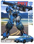  1girl 2018 autobot beach blue_eyes blue_lips breasts car commission gun highres holding holding_gun holding_weapon kamitoge_supino large_breasts leaning_forward looking_at_viewer mecha motor_vehicle mountain ocean original parted_lips road robot smile solo toyota toyota_camry transformers vehicle_name water watermark weapon 