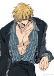  alternate_facial_hair bara blonde_hair blood bruise cowboy_shot curly_eyebrows goatee_stubble hair_over_one_eye highres injury male_focus mcbuckwheat mustache_stubble nosebleed one_piece pants partially_unbuttoned pectoral_cleavage pectorals sanji_(one_piece) short_hair smug suit v-shaped_eyebrows 