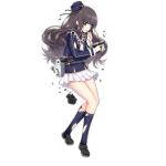  1girl bangs black_footwear black_necktie blue_shirt blue_socks blunt_bangs brown_hair full_body girls&#039;_frontline green_eyes h&amp;k_usp_compact hair_ornament haluka_(aixioo) hat loafers long_hair looking_at_viewer looking_to_the_side necktie official_art open_mouth pouch scorch_mark shell_casing shirt shoes simple_background skirt socks solo standing torn_clothes torn_headband torn_shirt torn_skirt torn_sleeve torn_socks transparent_background usp_compact_(girls&#039;_frontline) wavy_hair white_skirt 