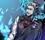  1boy ascot belt black_cape blue_butterfly blue_eyes brown_vest bug butterfly cape closed_mouth emblem facial_hair fate/grand_order fate_(series) formal james_moriarty_(archer)_(fate) long_sleeves male_focus mustache old old_man red_ascot shirt short_hair sideburns solo vest white_shirt yurizuka_(sergeant_heart) 