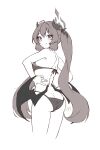  1girl alternate_costume ass bikini blue_archive blush demon_girl demon_horns demon_wings greyscale halo hands_on_own_hips highres horns hr.r junko_(blue_archive) low_wings monochrome pointy_ears sidelocks signature simple_background slit_pupils smile solo swimsuit twintails white_background wings 