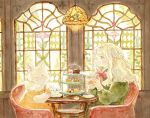  blonde_hair bow bowtie cat cup dress food green_dress green_eyes highres holding holding_cup long_hair long_sleeves oniheya_53 open_mouth original painting_(medium) plate red_bow red_bowtie sitting table tea traditional_media watercolor_(medium) white_cat window 