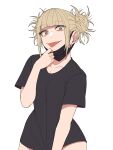  1girl :p alternate_costume black_mask black_shirt blonde_hair boku_no_hero_academia collarbone cowboy_shot double_bun hair_bun hand_up highres kobaji looking_at_viewer mask messy_hair mouth_mask orange_eyes shirt shirt_tug short_sleeves simple_background smile solo toga_himiko tongue tongue_out 