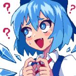  1girl :d ? blue_bow blue_eyes blue_hair bow cirno collared_shirt fang hair_between_eyes hair_bow hands_up hcnone ice ice_wings index_fingers_together looking_to_the_side neck_ribbon own_hands_together pixel_art portrait red_ribbon ribbon shirt short_hair sideways_glance smile solo sweater touhou wings 