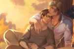  2boys absurdres black_shirt blonde_hair blue_eyes bright_pupils brown_hair brown_pants closed_eyes closed_mouth cloud collarbone erwin_smith fingernails gravesecrets highres levi_(shingeki_no_kyojin) looking_afar male_focus mature_male multiple_boys muscular muscular_male outdoors pants parted_lips pectoral_cleavage pectorals shingeki_no_kyojin shirt sitting sitting_on_lap sitting_on_person sleeves_past_elbows sunset tree under_tree white_pupils white_shirt yaoi 
