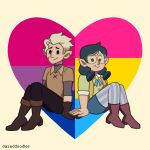  1boy 1girl artist_name bisexual_flag bisexual_male blonde_hair dazeddoodles english_commentary glasses gloves highres holding_hands hunter_(the_owl_house) notched_ear pansexual_flag pointy_ears round_eyewear scar scar_on_face short_hair simple_background smile the_owl_house willow_park 