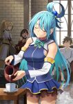  1boy 3girls aqua_(konosuba) armor bare_shoulders barefoot black_bodysuit black_gloves blonde_hair blue_eyes blue_hair blue_shirt blue_skirt blush bodysuit bow bowtie breasts brick_wall brown_hair closed_eyes closed_mouth commentary_request crossed_legs cup darkness_(konosuba) detached_sleeves dress fine_art_parody gem gloves green_bow green_bowtie hair_ornament highres indoors izawa_(bhive003) kono_subarashii_sekai_ni_shukufuku_wo! large_breasts long_hair megumin milk multiple_girls open_mouth parody ponytail pouring red_dress red_eyes robe satou_kazuma saucer shirt short_hair single_hair_ring sitting skirt sleeveless sleeveless_shirt smile solo_focus split_mouth strapless strapless_dress sweatdrop table teacup tearing_up the_milkmaid very_long_hair white_robe white_sleeves window x_hair_ornament 