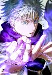  1boy absurdres blue_eyes blurry depth_of_field dmsco1803 electricity gojou_satoru highres jujutsu_kaisen looking_at_viewer male_focus open_mouth portrait short_hair solo white_hair 