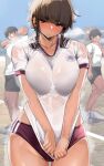  1girl 2boys absurdres black_shorts blush bra_visible_through_clothes breasts brown_eyes brown_hair buruma commentary_request gym_uniform highres jovejun large_breasts looking_at_viewer medium_hair multiple_boys original outdoors parted_lips red_buruma revision see-through shirt short_sleeves shorts solo_focus sweat thick_eyebrows tsubomioka_happa wet wet_clothes wet_shirt white_shirt 