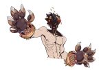  1boy abs animal_hands black_hair claw_(weapon) collarbone green_eyes hades_(series) heterochromia laurel_crown male_focus moyun open_mouth red_eyes shaded_face short_hair simple_background solo teeth topless_male upper_body upper_teeth_only weapon white_background zagreus_(hades) 