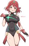  1girl :d black_gloves breasts covered_navel earrings gloves hand_on_own_chest highres jewelry large_breasts one_eye_closed orange_eyes pyra_(pro_swimmer)_(xenoblade) pyra_(xenoblade) red_hair shisoneri short_hair smile solo star_(symbol) star_earrings sweat tiara twitter_username xenoblade_chronicles_(series) xenoblade_chronicles_2 