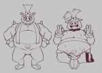  2023 anthro balls belly big_belly bottomwear clothing collar domestic_pig erection genitals hi_res humanoid_hands kabaton leviapanda male mammal navel overweight overweight_male pants penis pretty_cure simple_background sitting soaring_sky!_pretty_cure solo suid suina sus_(pig) suspenders 