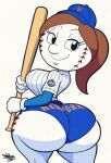  ball baseball_(ball) baseball_bat baseball_uniform bat_(object) big_butt brown_hair butt clothing for_a_head hair hi_res holding_object huge_butt looking_at_viewer looking_back looking_back_at_viewer mlb mrs._met object_head sportswear tansau thick_thighs uniform 