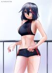  1girl absurdres alfarejected arms_at_sides bare_shoulders black_hair blue_eyes blush breasts frown hair_between_eyes highres kill_la_kill looking_at_viewer matoi_ryuuko medium_breasts multicolored_hair navel panties parted_lips railing short_hair short_shorts shorts sideboob signature simple_background stomach streaked_hair sweat thighs trigger_(company) two-tone_hair underwear wet wet_hair 