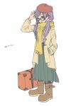  1girl beret boots brown_coat brown_footwear coat commentary_request full_body glasses green_eyes green_skirt hand_in_pocket hat kashikaze long_hair long_sleeves looking_at_viewer love_live! love_live!_school_idol_project low_twintails open_clothes open_coat open_mouth purple_hair purple_scrunchie purple_shirt red_headwear scarf scrunchie shirt simple_background skirt solo suitcase teeth toujou_nozomi translated twintails upper_teeth_only waving white_background yellow_scarf 