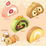  0_0 :3 animal black_eyes cake chibi chibi_inset closed_mouth commentary cream cross-section dessert dog_(yuki00yo) english_commentary english_text food food_focus food_name fruit happy in_food lying no_humans on_back orange_background original pawpads sheep_(yuki00yo) smile solid_oval_eyes strawberry swiss_roll tongue tongue_out walnut white_eyes yuki00yo 