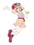  1girl absurdres amitie_(puyopuyo) arm_up beanie belt black_socks blonde_hair clenched_hand green_bracelet hair_between_eyes hat highres hooded_shirt kashima_miyako looking_at_viewer open_mouth pink_shirt puyopuyo puyopuyo_fever red_belt red_footwear red_headwear shirt short_hair shorts simple_background sketch socks solo white_background yellow_shorts 