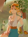  1girl alternate_costume bare_shoulders breasts cleavage collarbone green_eyes green_skirt hand_up head_wreath highres korok large_breasts looking_at_viewer parted_lips pointy_ears psp26958748 short_hair sitting skirt smile solo teeth the_legend_of_zelda the_legend_of_zelda:_tears_of_the_kingdom tree 