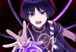  1boy anemo armor black_background black_shirt blunt_ends eyeshadow genshin_impact gnosis_(genshin_impact) gold_trim hand_up japanese_armor jewelry kote kurokote looking_down makeup male_focus mandarin_collar mitsudomoe_(shape) necklace no_headwear open_mouth parted_bangs purple_eyes purple_hair red_eyeshadow scaramouche_(genshin_impact) scaramouche_(shouki_no_kami)_(genshin_impact) shirt short_hair short_sleeves simple_background solo tassel tears teeth tomoe_(symbol) tongue upper_body 