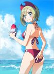  1girl alternate_costume ass beach bikini blonde_hair blue_eyes breasts commentary_request food from_behind highres holding irida_(pokemon) looking_at_viewer medium_breasts mikan_(mikan_no_happa) o-ring o-ring_bottom ocean pokemon pokemon_(game) pokemon_legends:_arceus red_bikini shaved_ice short_hair smile solo standing string_bikini swimsuit v water 
