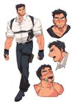  1boy ahegao bara blush bulge chest_harness cropped_torso expressions full_body goatee_stubble harness highres large_pectorals male_focus mature_male multiple_views muscular muscular_male mustache_stubble original pectorals police police_uniform policeman profile short_hair sideburns sleeves_rolled_up sweat thick_eyebrows ttn_(239_239) underbust uniform 