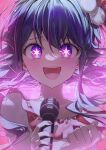 1girl :d absurdres blush collarbone dress frilled_dress frills hair_between_eyes hair_ornament hands_up highres holding holding_microphone hoshino_ai_(oshi_no_ko) idol kamatoyu long_hair looking_at_viewer microphone open_mouth oshi_no_ko pink_dress purple_eyes purple_hair rabbit_hair_ornament smile solo sparkle star_(symbol) star_in_eye straight-on symbol_in_eye teeth 