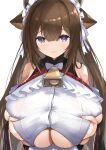  1girl animal_ears azur_lane bare_shoulders bell blunt_bangs breasts brown_hair closed_mouth clothing_cutout cow_ears cowbell furrowed_brow grabbing_own_breast hair_between_eyes highres huge_breasts kashino_(azur_lane) kashino_(maid_for_mayhem)_(azur_lane) long_hair looking_ahead looking_at_viewer maid_headdress mikasayaki neck_bell off-shoulder_shirt off_shoulder official_alternate_costume purple_eyes shirt simple_background solo straight-on underboob underboob_cutout upper_body white_background 