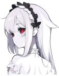  1girl back bare_shoulders black_ribbon black_sclera blush choker colored_sclera hair_flaps hair_ornament long_hair looking_at_viewer maid_headdress matcha_(mattyan) nape original pale_skin portrait profile red_eyes ribbon sidelocks slit_pupils white_choker white_hair 