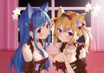  2girls absurdres animal_ear_fluff animal_ears bare_shoulders blonde_hair blue_hair blush bow breasts bright_pupils character_request cleavage closed_mouth curtains detached_sleeves diamond-shaped_pupils diamond_(shape) dress dress_bow food food_in_mouth frilled_straps frills hair_between_eyes hair_bow hair_ornament hands_up heart heart_hair_ornament highres indoors large_breasts long_hair looking_ahead mangmao medium_breasts medium_hair multiple_girls neck_ribbon night pink_eyes pocky pocky_in_mouth pom_pom_(clothes) pom_pom_hair_ornament quad_tails red_bow red_eyes red_ribbon ribbon ringed_eyes sidelocks sky sleeve_bow sleeveless sleeveless_dress star_(sky) star_(symbol) starry_sky straight_hair swept_bangs symbol-shaped_pupils upper_body virtual_youtuber window 