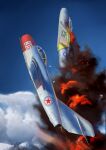  absurdres aerial_battle aircraft airplane battle blue_sky cloud dogfight f-86_sabre fighter_jet fire highres jet korean_war mig-15 military_vehicle mirroraptor original sky united_states_air_force vehicle_focus 