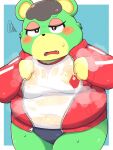  animal_crossing anthro athletic_wear bear big_breasts black_clothing blush bodily_fluids bottomwear breasts brown_hair charlise_(animal_crossing) clothed clothing digital_drawing_(artwork) digital_media_(artwork) eyelashes fangs female frown fur green_body green_fur hair half-closed_eyes hi_res jacket looking_at_viewer mammal narrowed_eyes nintendo open_clothing open_frown open_jacket open_mouth open_topwear overweight overweight_anthro overweight_female panties rantan_chan red_clothing red_jacket red_topwear shirt simple_background solo sports_panties standing steam sweat teeth tongue topwear underwear ursine wet wet_clothing white_clothing white_shirt white_topwear workout_clothing 