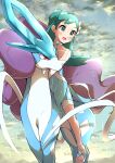  1girl :d absurdres aqua_dress aqua_eyes aqua_hair bare_shoulders blush cloud cloudy_sky collarbone dress flower hair_ornament halter_dress halterneck happy highres kris_(pokemon) kris_(sygna_suit)_(pokemon) looking_to_the_side medium_hair official_alternate_costume pokemon pokemon_(creature) pokemon_(game) pokemon_masters_ex pon_yui rain riding riding_pokemon sandals shorts shorts_under_dress side_slit sky smile suicune water water_drop 