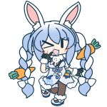  &gt;_&lt; 1girl animal_ear_fluff animal_ears black_gloves blue_hair braid carrot carrot_hair_ornament chibi food-themed_hair_ornament full_body fur-trimmed_gloves fur_scarf fur_trim gloves hair_ornament hand_up hololive long_hair looking_at_viewer multicolored_hair official_art one_eye_closed pantyhose pointing pointing_at_self rabbit_ears rabbit_girl solo standing standing_on_one_leg strapless_coat transparent_background twin_braids usada_pekora very_long_hair virtual_youtuber white_footwear white_hair |_| 