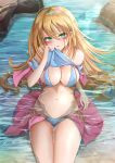  absurdres bare_shoulders bikini blonde_hair blush breasts dark_magician_girl duel_monster green_eyes highres in_water large_breasts long_hair misakura_aoi nail_polish navel sitting skirt stomach swimsuit thighs water yu-gi-oh! yu-gi-oh!_duel_monsters 