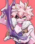  1girl absurdres ashido_mina bare_shoulders black_sclera bodysuit boku_no_hero_academia breasts cleavage colored_sclera colored_skin cropped_vest fur_trim green_nails hair_between_eyes highres hiro_illust11 medium_breasts multicolored_clothes pink_background pink_hair pink_skin short_hair slime_(substance) smile solo upper_body vest yellow_eyes yellow_horns 